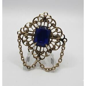 Vintage Gold Tone Filigree Brooch Blue Glass Stone Chain accent